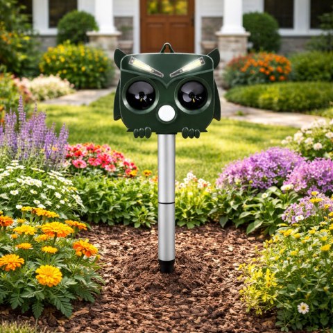 Solarny Odstraszacz Zwierząt Sowa Czujnik Ruchu Ultradźwięki Diody LED LEAN