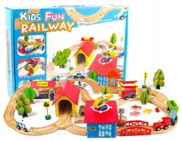 Zestaw Drewniany Tor Kolejka Miasteczko Autka Drzewa Budynki 69 el. LEAN Toys