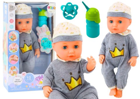 Lalka Bobas W Szarej Piżamce Siusiająca Butelka Smoczek Dźwięki LEAN Toys