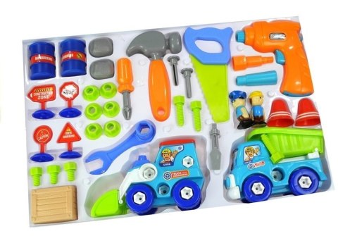 Zestaw Pojazdów Budowlany do Rozkręcania Wkrętarka Klucze Znaki Drogowe LEAN Toys