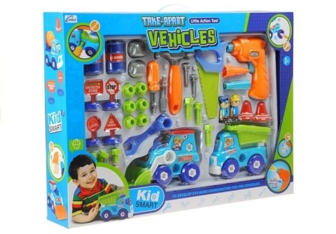 Zestaw Pojazdów Budowlany do Rozkręcania Wkrętarka Klucze Znaki Drogowe LEAN Toys