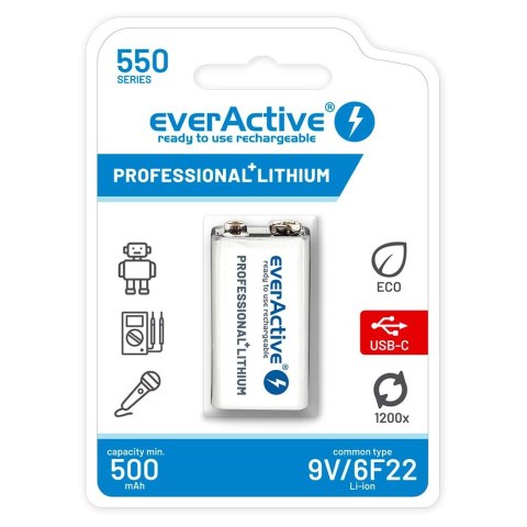 Akumulatorek everActive 6F22/9V Li-ion 550 mAh z USB TYP C Everactive Akumulatorek everActive 6F22/9V Li-ion 550 mAh z USB TYP C Everactive