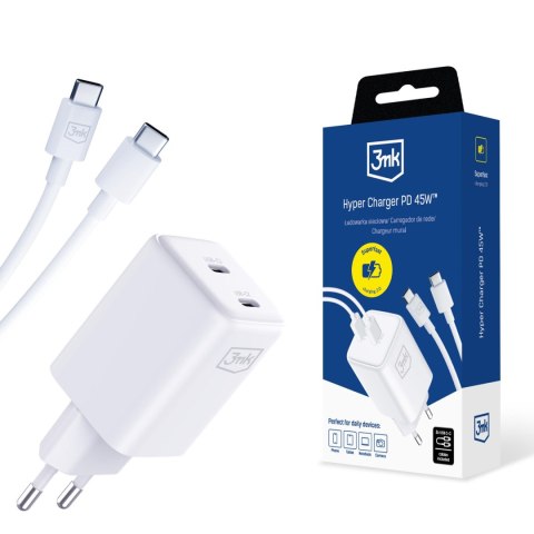Ładowarka sieciowa 3mk Hyper Charger PD 45W+USB Cable C to C White 3mk Protection Ładowarka sieciowa 3mk Hyper Charger PD 45W+USB Cable C to C White 3mk Protection