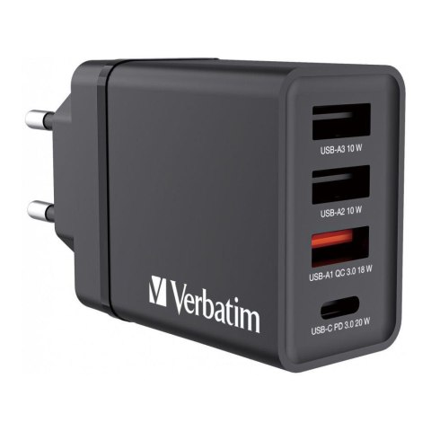 Ładowarka sieciowa Verbatim 1xUSB-C PD 20W 1xUSB-A QC 3.0 2xUSB-A 10W UE czarna Verbatim