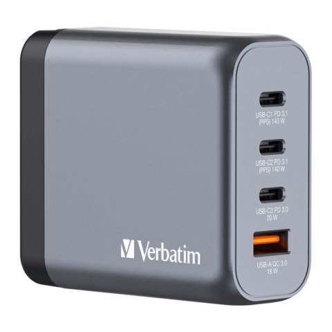 Ładowarka sieciowa Verbatim GaN GNC-140 3xUSB-C PD (2x140W+20W) 1xUSB-A QC 3.0 Verbatim