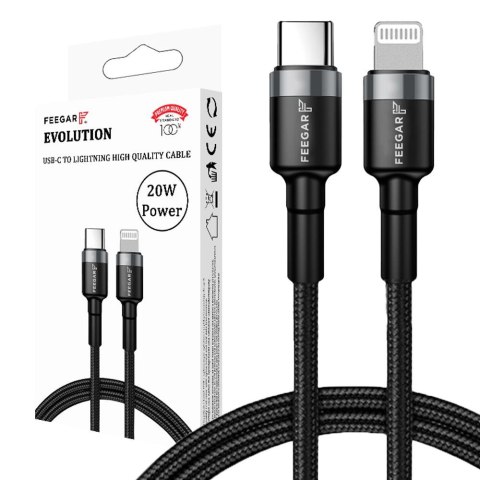 Kabel USB 3.0 Feegar Evolution FEE-01904 USB-C - Lightning nylonowy 20W 1m czarno-szary FEEGAR Kabel USB 3.0 Feegar Evolution FEE-01904 USB-C - Lightning nylonowy 20W 1m czarno-szary FEEGAR