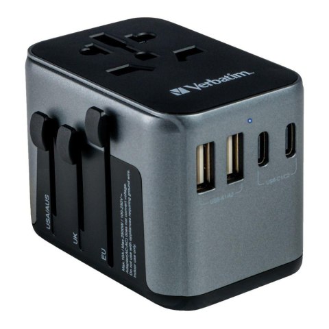 Adapter podróżny Verbatim UTA-03 globalny 1xUSB-C PD 30W QC 18W, 1xUSB-C 15W, 2xUSB-A 12W Verbatim