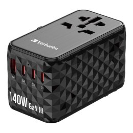 Adapter podróżny Verbatim UTA-10 GaN III globalny 2xUSB-C PD 3.1 QC 4+ 140W, 1xUSB-C PD 3.0 18W, 1xUSB-A QC 3.0 18W Verbatim