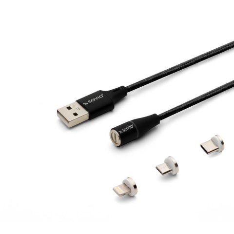 Kabel USB 2.0 SAVIO CL-155 USB - USB Typ C, Micro i Lightning, QC i PD 3.0, magnetyczny, 2m, czarny Savio
