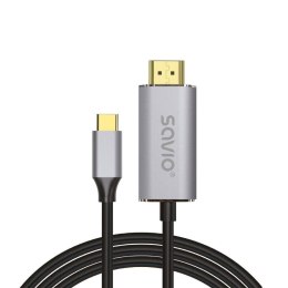 Kabel adapter Savio CL-171, USB-C do HDMI 2.0B, 2m, srebrno-czarny, złote końcówki Savio