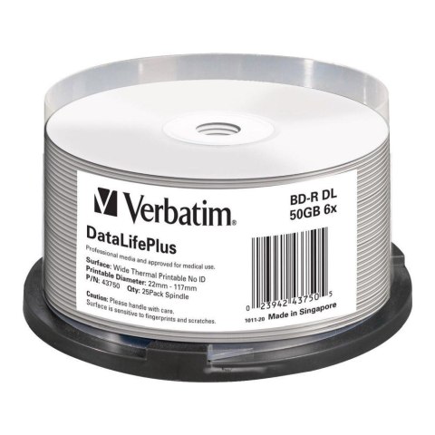 BD-R DL Verbatim 50GB 6x Wide White Thermal Printable - No ID Brand (spindle 25) Verbatim BD-R DL Verbatim 50GB 6x Wide White Thermal Printable - No ID Brand (spindle 25) Verbatim