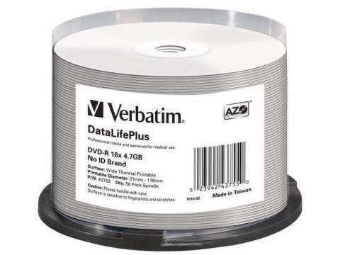 DVD-R Verbatim 4.7GB X16 AZO DL+ printable thermal białe NO ID (50 Cake) Verbatim