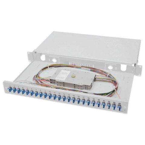 Przełącznica światłowodowa/Panel krosowy DIGITUS z wyposażeniem 19'' 1U, 24x LC dx, OS2, pigtaile, adaptery, tacki, wysuwany, sz Digitus